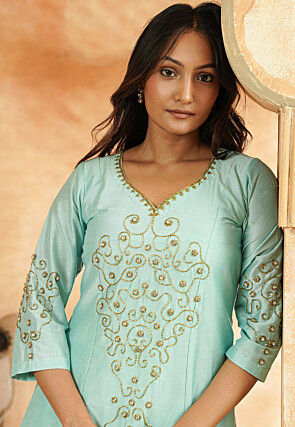 Embroidered Cotton Silk A Line Suit in Sky Blue