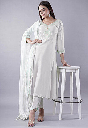 Embroidered Cotton Silk A Line Suit in White