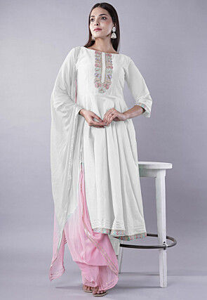 Embroidered Cotton Silk A Line Suit in White