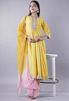 Embroidered Cotton Silk A Line Suit in Yellow