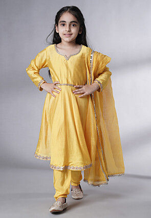 Embroidered Cotton Silk A Line Suit in Yellow