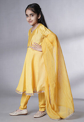 Embroidered Cotton Silk A Line Suit in Yellow