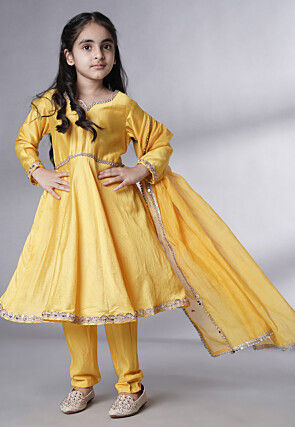 Embroidered Cotton Silk A Line Suit in Yellow