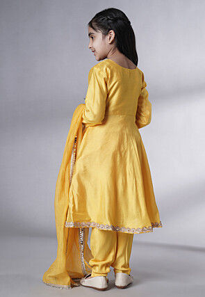 Embroidered Cotton Silk A Line Suit in Yellow