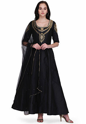 Embroidered Cotton Silk Abaya Style Suit in Black
