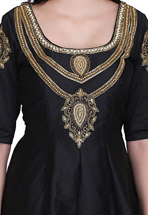 Embroidered Cotton Silk Abaya Style Suit in Black