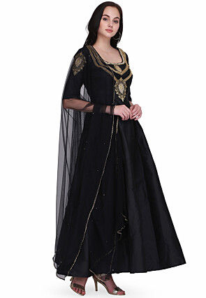 Embroidered Cotton Silk Abaya Style Suit in Black