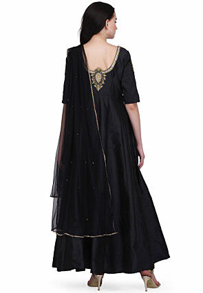 Embroidered Cotton Silk Abaya Style Suit in Black