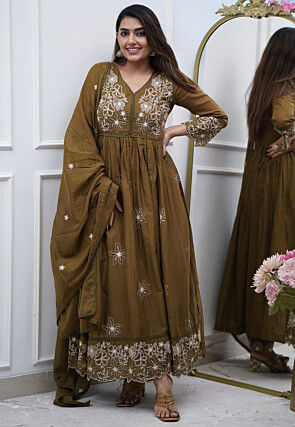 Embroidered Cotton Silk Abaya Style Suit in Brown