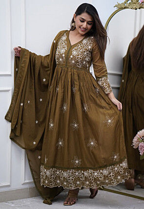 Embroidered Cotton Silk Abaya Style Suit in Brown
