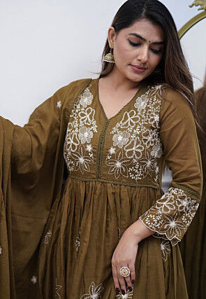 Embroidered Cotton Silk Abaya Style Suit in Brown