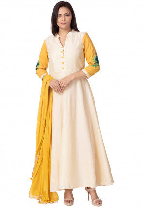 Embroidered Cotton Silk Abaya Style Suit in Cream