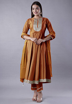 Embroidered Cotton Silk Aline Suit in Brown