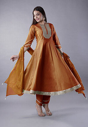 Embroidered Cotton Silk Aline Suit in Brown