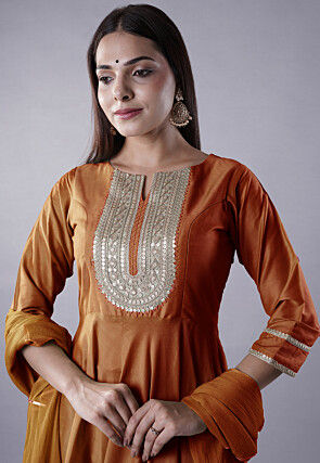 Embroidered Cotton Silk Aline Suit in Brown