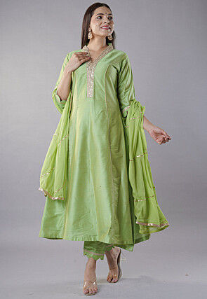 Embroidered Cotton Silk Aline Suit in Green