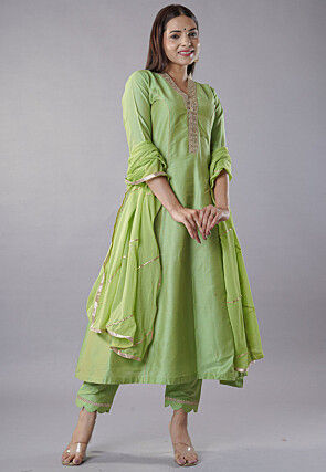 Embroidered Cotton Silk Aline Suit in Green