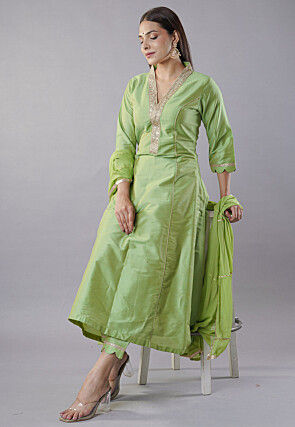 Embroidered Cotton Silk Aline Suit in Green