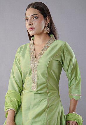 Embroidered Cotton Silk Aline Suit in Green