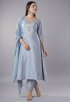 Embroidered Cotton Silk Aline Suit in Grey