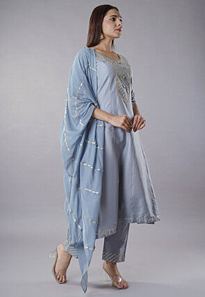 Embroidered Cotton Silk Aline Suit in Grey