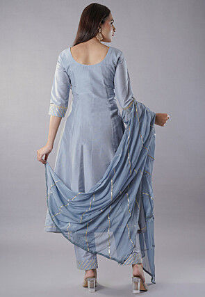 Embroidered Cotton Silk Aline Suit in Grey