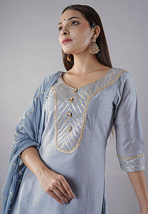 Embroidered Cotton Silk Aline Suit in Grey