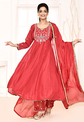 Embroidered Cotton Silk Aline Suit in Red