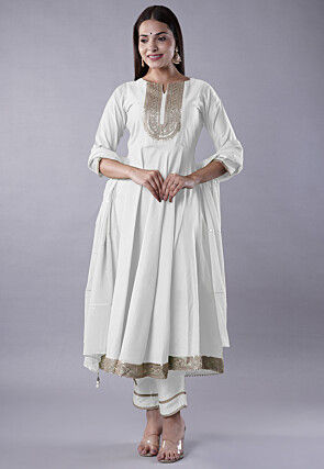 Embroidered Cotton Silk Aline Suit in White