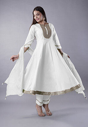 Embroidered Cotton Silk Aline Suit in White