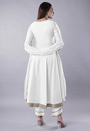 Embroidered Cotton Silk Aline Suit in White