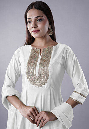 Embroidered Cotton Silk Aline Suit in White