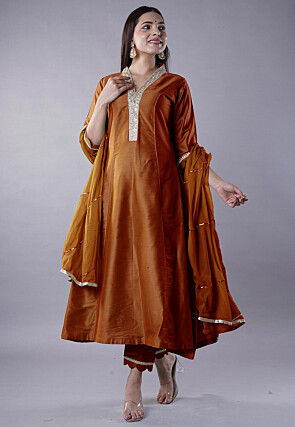 Embroidered Cotton Silk Anarkali Suit in Brown
