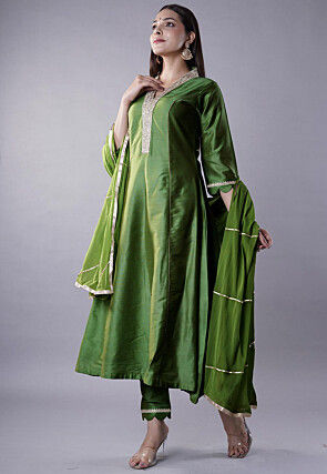 Embroidered Cotton Silk Anarkali Suit in Dark Green