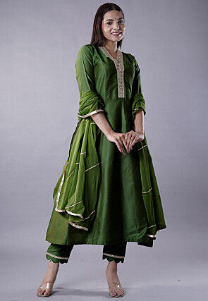 Embroidered Cotton Silk Anarkali Suit in Dark Green