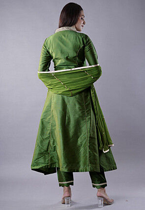 Embroidered Cotton Silk Anarkali Suit in Dark Green