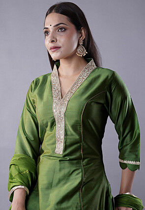 Embroidered Cotton Silk Anarkali Suit in Dark Green