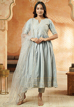Embroidered Cotton Silk Anarkali Suit in Grey