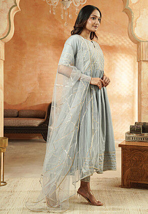 Embroidered Cotton Silk Anarkali Suit in Grey