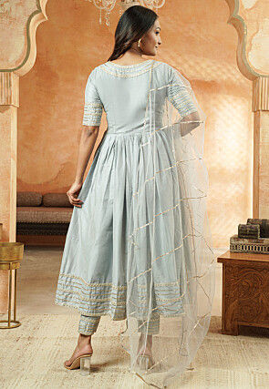 Embroidered Cotton Silk Anarkali Suit in Grey