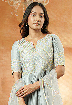 Embroidered Cotton Silk Anarkali Suit in Grey