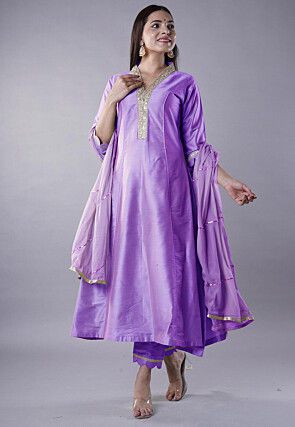 Embroidered Cotton Silk Anarkali Suit in Light Purple