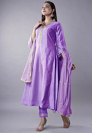 Embroidered Cotton Silk Anarkali Suit in Light Purple