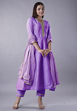 Embroidered Cotton Silk Anarkali Suit in Light Purple