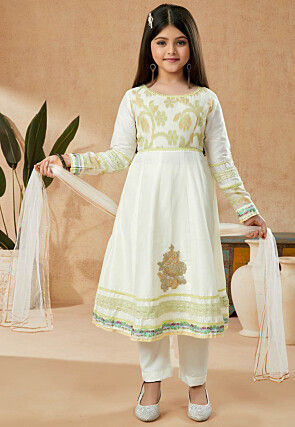Embroidered Cotton Silk Anarkali Suit in Off White