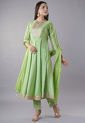 Embroidered Cotton Silk Anarkali Suit in Parrot Green