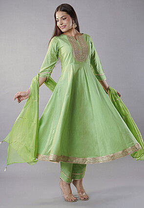 Embroidered Cotton Silk Anarkali Suit in Parrot Green