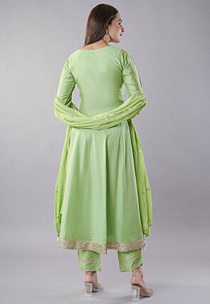 Embroidered Cotton Silk Anarkali Suit in Parrot Green