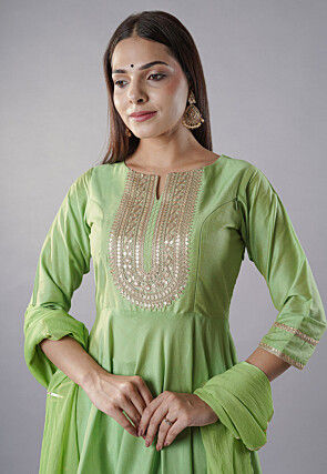 Embroidered Cotton Silk Anarkali Suit in Parrot Green