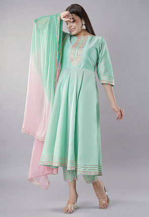 Embroidered Cotton Silk Anarkali Suit in Sea Green